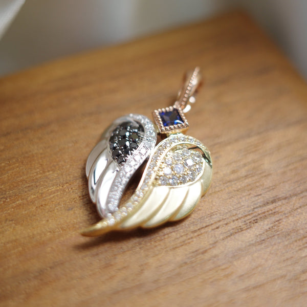 14K Yellow and White Gold Black/ White Diamond & Sapphire Pendant