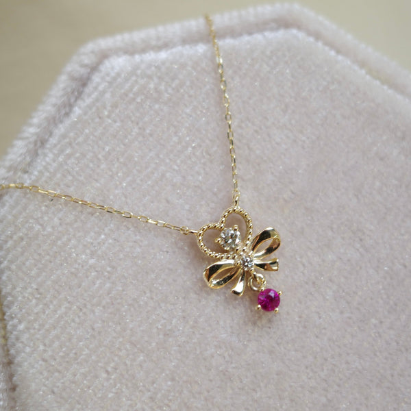Petite Ribbon Necklace・Gemstone & Diamond・ Birthstone